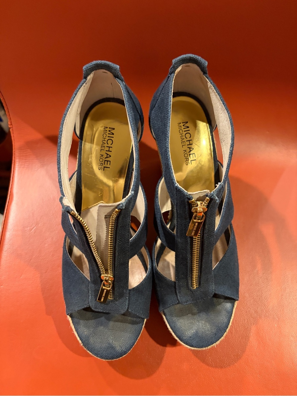Michael Kors Navy Open-Toe Wedge Sandals with Gold Zip